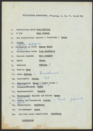 Ablaufplan des Politischen Nachtgebets "Ja zum Leben, nein zu § 218" am 5. Oktober 1971