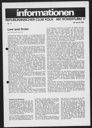 Hinweis auf eine Veranstaltung mit der Journalistin Ulrike Marie Meinhof im Republikanischen Club Köln in der Zeitschrift "informationen. RCK, Nr. 11 vom 29.1.1969. Thema ihres Vortrags: "Die Ausbeutung der Frauen in unserer Gesellschaft"