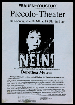 Ankündigung der Aufführung des Stückes "Nein!" von Dorothea Mewes im Frauenmuseum Bonn