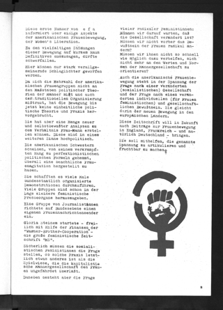 Einführung in den Themenschwerpunkt Frauenbewegung in den USA der ersten Ausgabe feministischen Zeitschrift efa (Heft 1, 1973, S. 2)