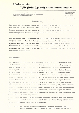 Vermischtes zur Tagung "Eine Uni für uns allein?! vom 25. - 27.10.1996 in Bremen" III