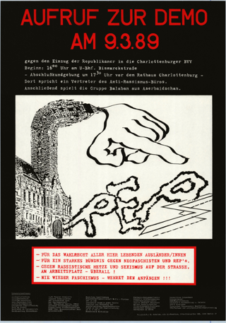 Aufruf verschiedener Gruppen, u.a. auch FFBIZ, zur Demonstration gegen Einzug der Republikaner in die Charlottenburger BVV