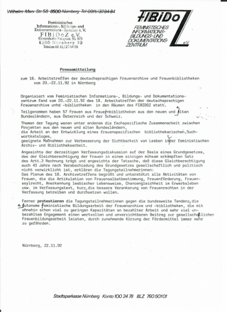 Pressemitteilung zum 18. Arbeitstreffen der deutschsprachigen Frauenarchive und Frauenbibliotheken vom 20.-22.11.92 in Nürnberg