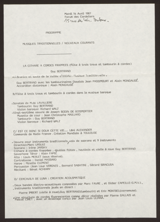 Programmzettel: Musiques Traditionelles / Nouveaux Courants, 14. April 1987