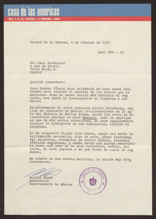 Brief: Casa de las Américas an Leni Alexander, 4. Februar 1977