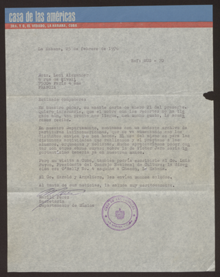 Brief: Casa de las Américas an Leni Alexander, 25. Februar 1976