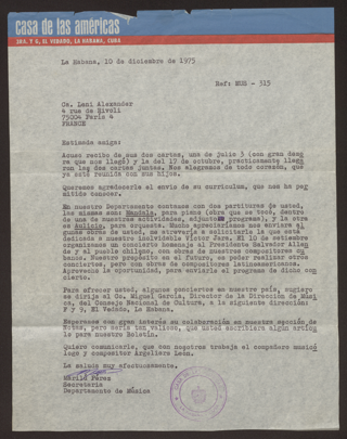 Brief: Casa de las Américas an Leni Alexander, 10. Dezember 1975