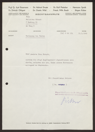 Brief: Anwaltskanzlei Ohlgart an Felicitas Kukuck, 1969