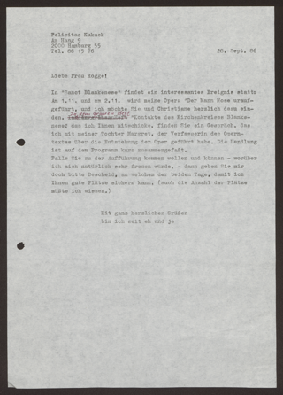 Brief: Felicitas Kukuck an Rogge, 28.09.1986
