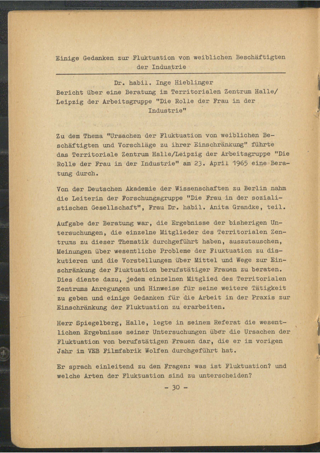 Einige Gedanken zur Fluktuation von weiblichen Beschäftigten der Industrie : Bericht über eine Beratung im Territorialen Zentrum Halle/Leipzig am 23.April 1965