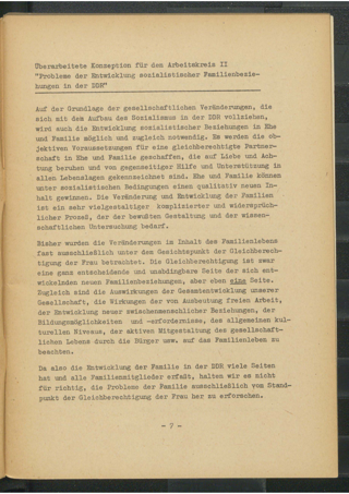 Überarbeitete Konzeption für den Arbeitskreis II "Probleme der Entwicklung sozialistischer Familienbeziehungen in der DDR"