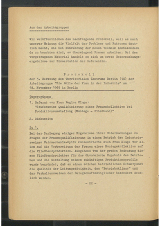 Protokoll der 5. Beratung des Territorialen Zentrums Berlin (TZ) der Arbeitsgruppe "Die Rolle der Frau in der Industrie" am 18.11.1965 in Berlin