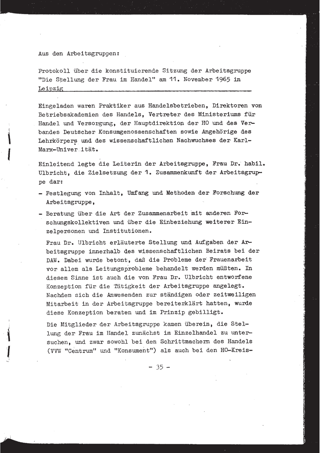 Protokoll über die konstituierende Sitzung der Arbeitsgruppe "Die Stellung der Frau im Handel" am 11. November 1965 in Leipzig