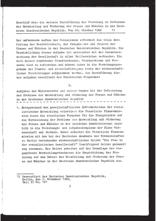 Beschluß über die weitere Durchführung der Forschung zu Problemen der Entwicklung und Förderung der Frauen und Mädchen in der Deutschen Demokratischen Republik vom 20. Oktober 1966