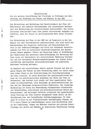 Hauptrichtung für die weitere Durchführung der Forschung zu Problemen der Entwicklung und Förderung der Frauen und Mädchen in der DDR