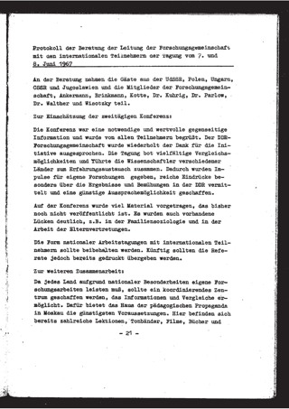 Protokoll der Beratung der Leitung der Forschungsgemeinschaft mit den internationalen Teilnehmern der Tagung vom 7. und 8. Juni 1967