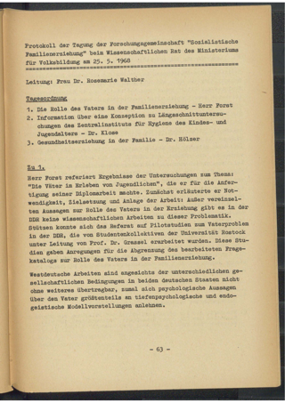 Protokoll der Tagung der Forschungsgemeinschaft "Sozialistische Familienerziehung" beim Wissenschaftlichen Rat des Ministeriums für Volksbildung am 25. Mai 1968