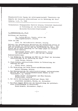 Wissenschaftliche Tagung der Arbeitsgemeinschaft "Geschichte des Kampfes der deutschen Arbeiterklasse um die Befreiung der Frau" Leipzig 5./6. 11.1968