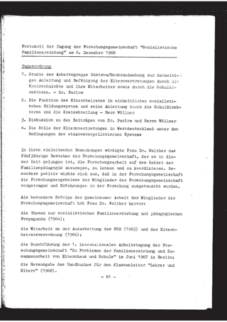 Protokoll der Tagung der Forschungsgemeinschaft "Sozialistische Familienerziehung" am 6.12.1968