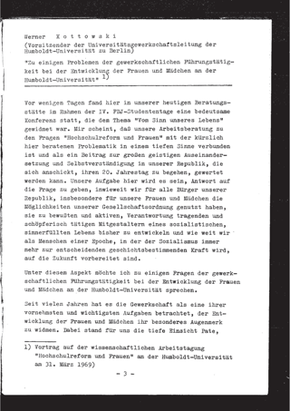 Zu einigen Problemen der gewerkschaftlichen Führungstätigkeit bei der Entwicklung der Frauen und Mädchen an der Humboldt-Universität : Vortrag auf der wissenschaftlichen Arbeitstagung "Hochschulreform und Frauen" an der Humboldt-Universität am 31.März 1969