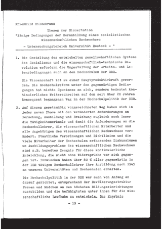 Thesen zur Dissertation "Einige Bedingungen der Heranbildung eines sozialistischen wissenschaftlichen Nachwuchses (Untersuchungsbereich Universität Rostock)