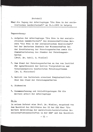 Protokoll über die Tagung der Arbeitsgruppe "Die Frau in der sozialistischen Landwirtschaft" am 31.1.1969