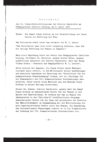 Protokoll des II. Clara-Zetkin-Kolloquiums der Sektion Geschichte am Pädagogischen Institut Leipzig am 8. April 1970