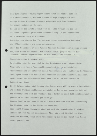 Statement und Forderungen der Ostberliner Frauenprojekte, verlesen am 17. April 1991 im Rathaus Schöneberg