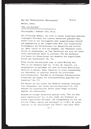 Rezension. Mohler, Arnim: Sex und Politik, Freiburg/Br.: Rombach 1972, 88 S.