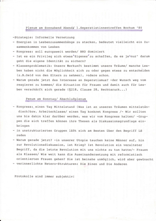 Protokoll des Plenums des 1. Lesbischen Separatistinnentreffens in Bochum 1989