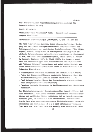 Rezension. Pfeil, Elisabeth: Männliche" und "weibliche" Rolle - Dynamik und unausgetragene Konflikte, Stuttgart 1975