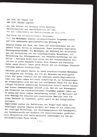 Dokumentation aus dem Referat vor den 1. Sekretären der Kreisleitung am 25.2.1977 zu den Zielen des sozialpolitischen Programms
