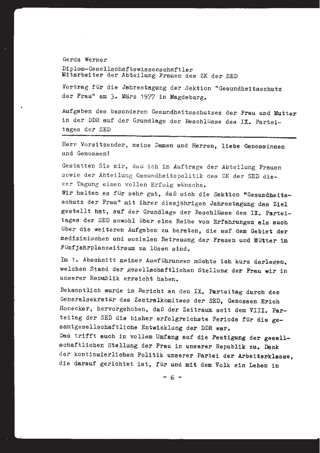 Aufgaben des besonderen Gesundheitsschutzes der Frau und Mutter in der DDR auf der Grundlage der Beschlüsse des IX. Parteitages der SED