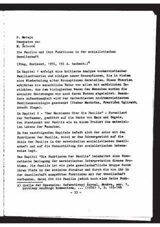 Rezension. Solocova, M.: Die Familie und ihre Funktionen in der sozialistischen Gesellschaft. Prag: Horizont 1976