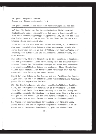 Zur gesellschaftlichen Rolle der Kinderkrippen in der DDR : Thesen zur Dissertation A