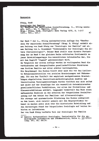 Rezension. Soziologie der Familie. In: König, René (Hg.): Handbuch der empirischen Sozialforschung. Stuttgart: Enke Verlag 1976