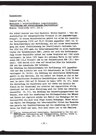 Rezension. Pankrat'eva, N.V.: Naselenie i socaisti`ceskow vosproizvodstvo (Bevölkerung und sozialistische Reproduktion). 1977, Moskva: Statistika
