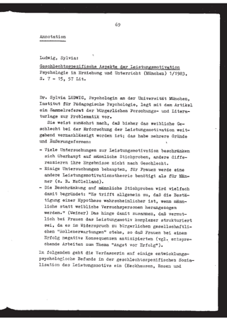 Rezension. Ludwig, Sylvia: Geschlechtsspezifische Aspekte der Leistungsmotivation, 1983, München
