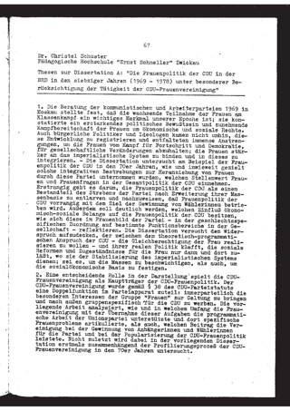 Die Frauenpolitik der CDU in der BRD in den siebziger Jahren (1969-1978) unter besonderer Berücksichtigung der Tätigkeit der CDU-Frauenvereinigung : Thesen zur Dissertation A