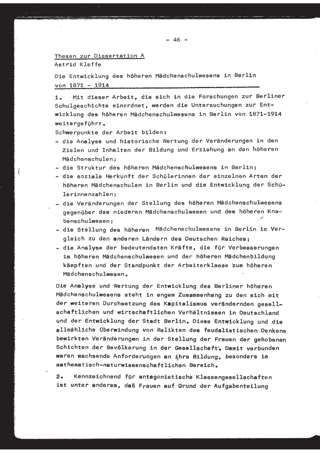 Die Entwicklung des höheren Mädchenschulwesens in Berlin von 1871-1914 : Thesen zur Dissertation A, Autorreferat