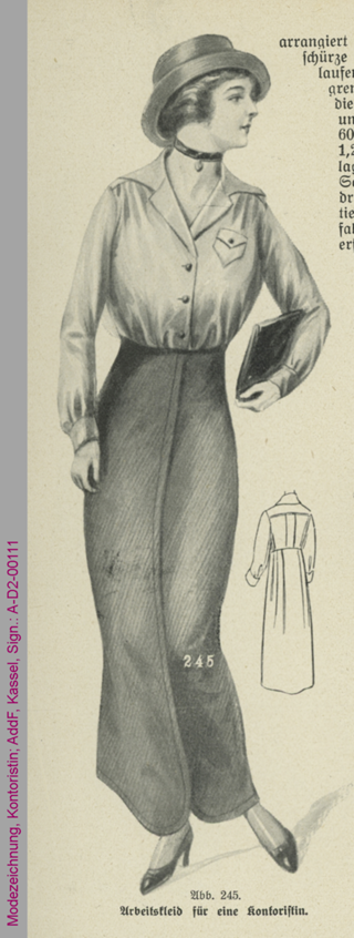 Modezeichnung, Arbeitskleidung einer Kontoristin, 1914