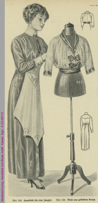 Modezeichnung, Hauskleid und Bluse, 1914