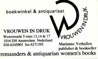 Visitenkarte des Amsterdamer Frauenbuchladens "Vrouwen in druk" in Amsterdam