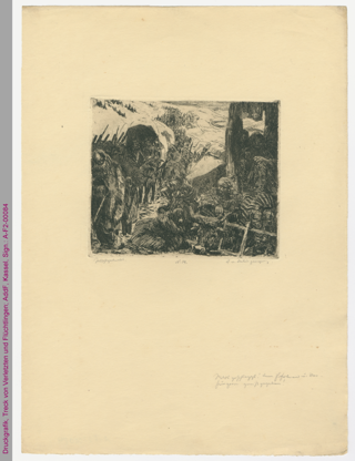 Druckgrafik, Treck von Verletzten und Flüchtlingen, Erster Weltkrieg 