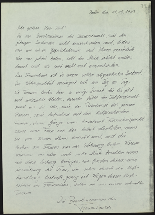 Schreiben der Bewohnerinnen des Frauenhauses an Senator Fink vom 11.10.1983 bezüglich angekündigter Mieterhöhung