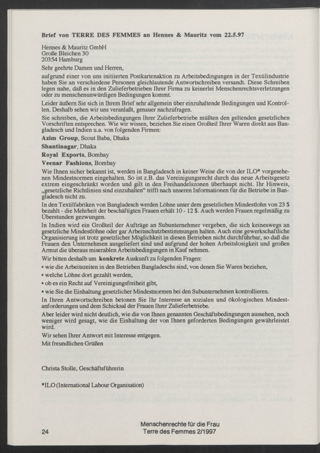 Brief von TERRE DES FEMMES an Hennes & Mauritz vom 22.5.97