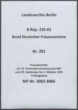 Presseberichte zur 16. Generalversammlung des BDF vom 29. September bis 3. Oktober 1929 in Königsberg