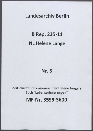 Zeitschriftenrezensionen über Helene Lange's Buch "Lebenserinnerungen"