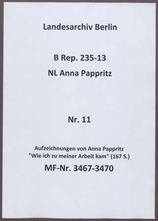 Aufzeichnungen von Anna Pappritz "Wie ich zu meiner Arbeit kam" (167 S.)