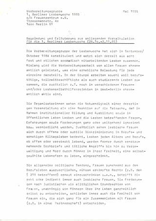 Begründung und Erläuterung zur anliegenden Vorkalkulation für die 1. Berliner Lesbenwoche (26.10-2.11.85)